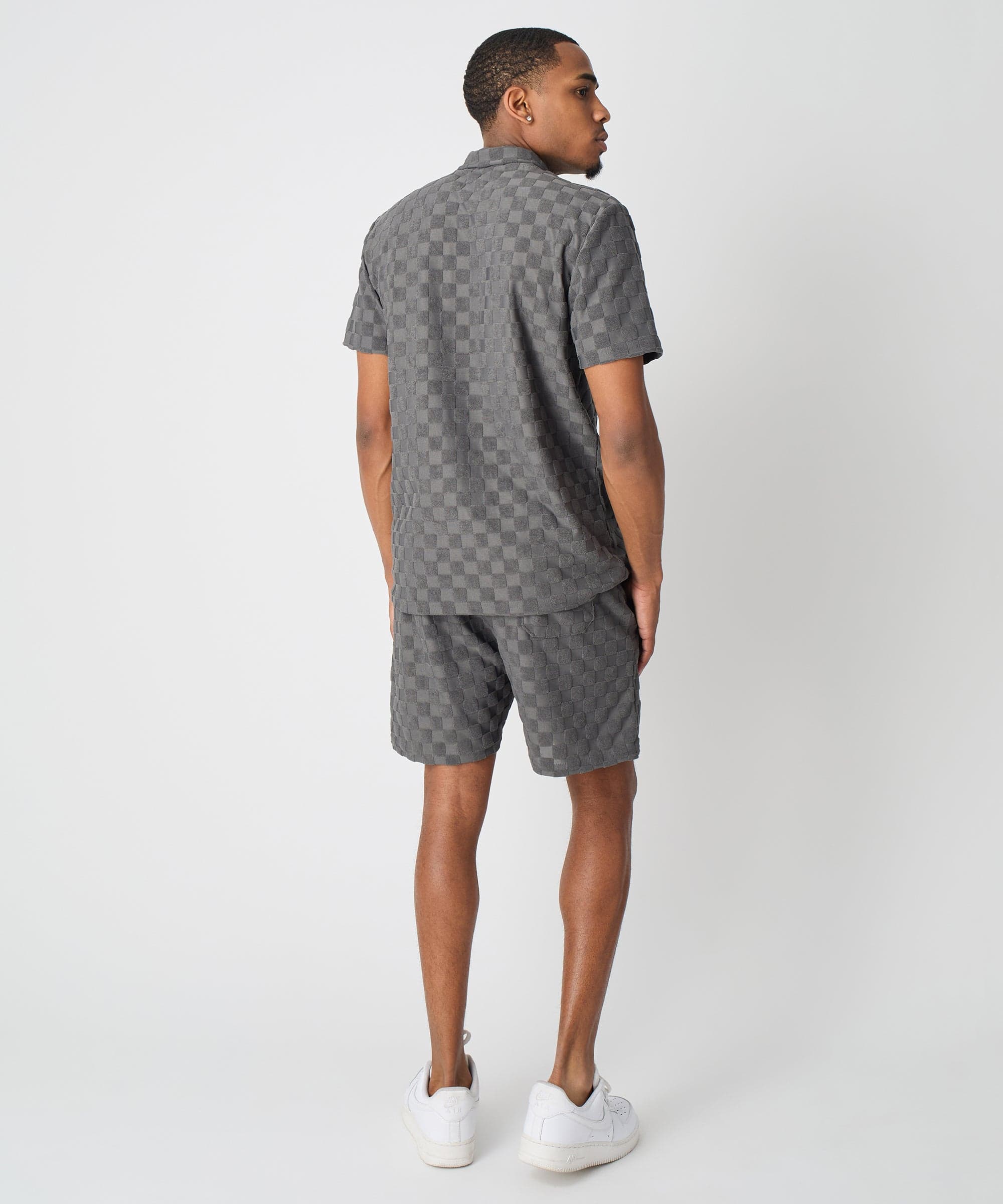 Checkerboard Towel Color Blocked Short Sleeve Button Down Shirt - Grey - Image 5