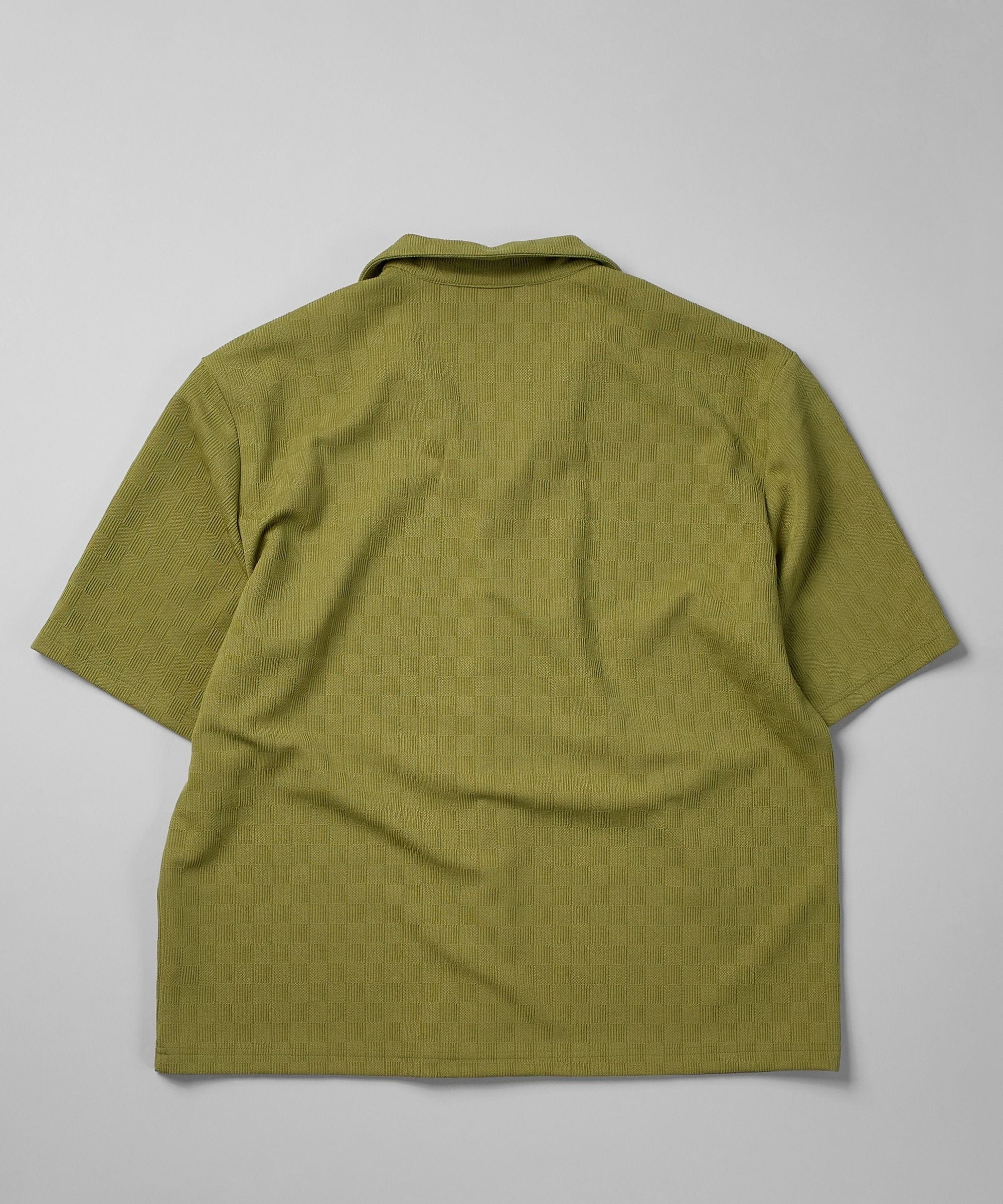 Jacquard Textured Knit Short Sleeve Button Down Shirt - Olive Green - Image 2