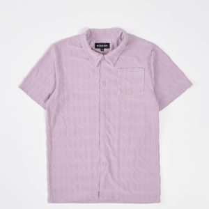 Diamond Plate Towel Color Blocked Short Sleeve Button Down Shirt - Mauve