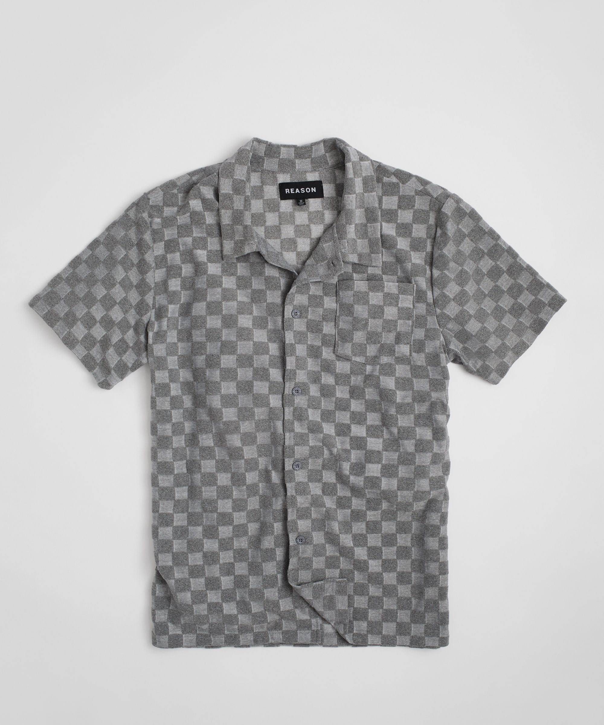 Checkerboard Towel Color Blocked Short Sleeve Button Down Shirt - Grey - Image 2