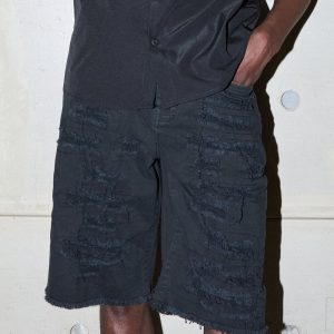 Destroyed Denim Shorts - Black