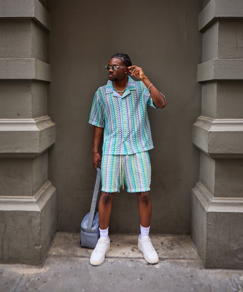 Textured Knit Short Sleeve Button Down Shirt - Light Blue - Image 30