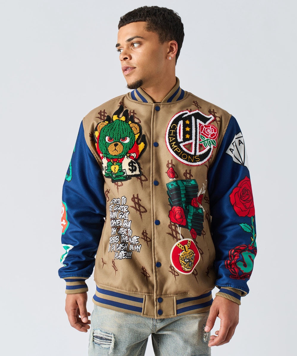 Paper Chaser Chenille Patched Varsity Jacket - Khaki