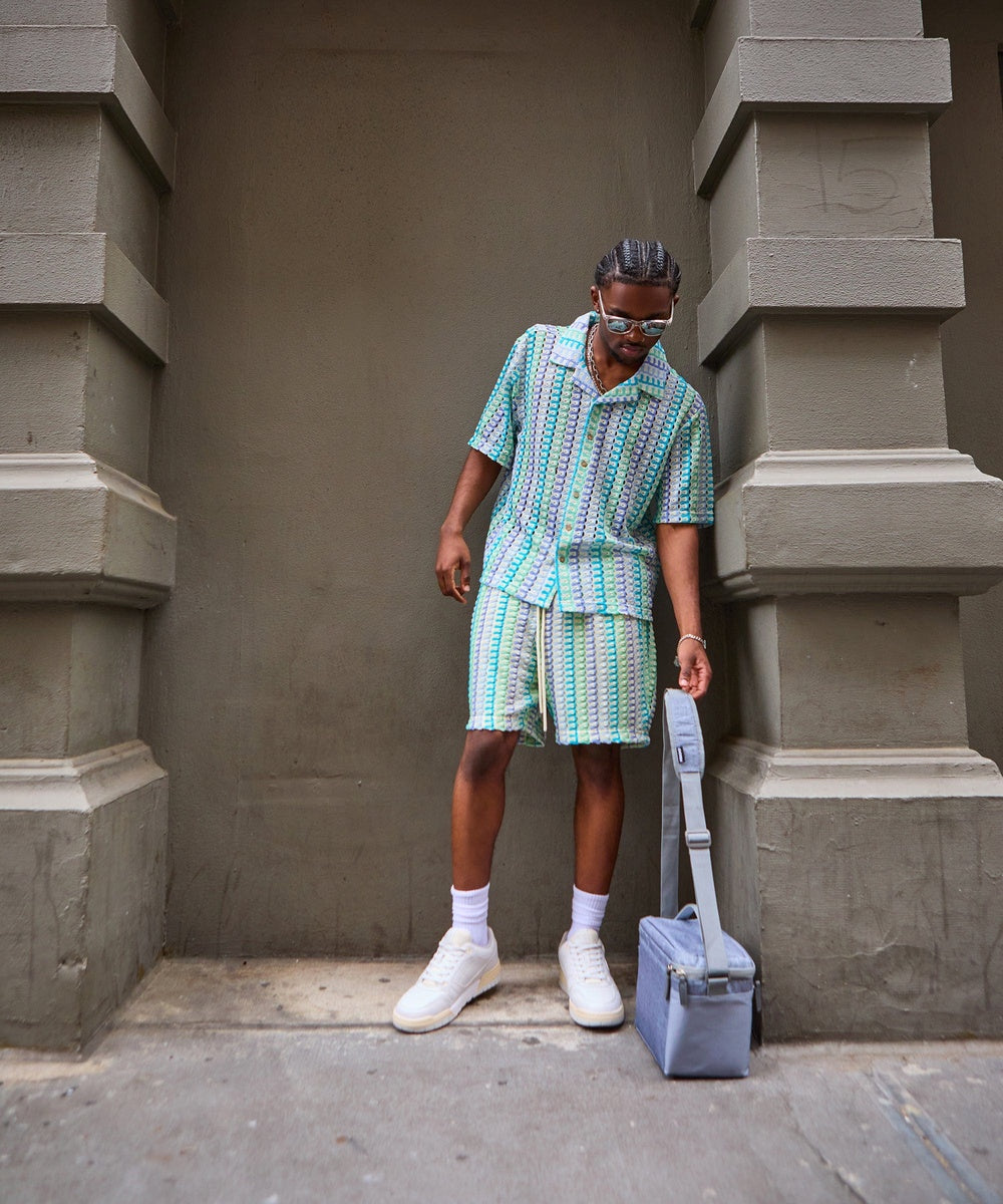 Textured Knit Short Sleeve Button Down Shirt - Light Blue - Image 27