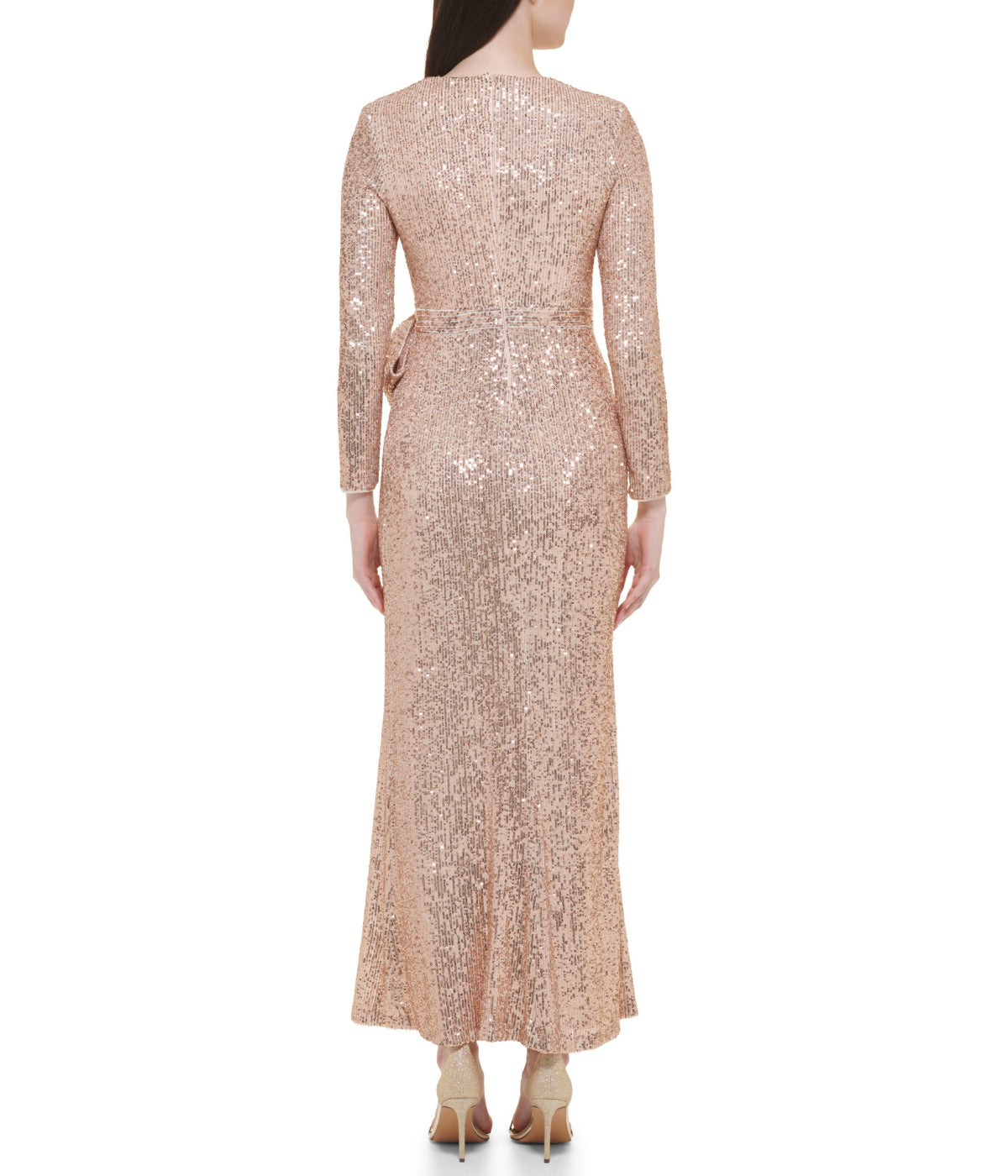 Long Sleeve Surplice Wrap Sequin Gown With Bow Champagne - Image 2