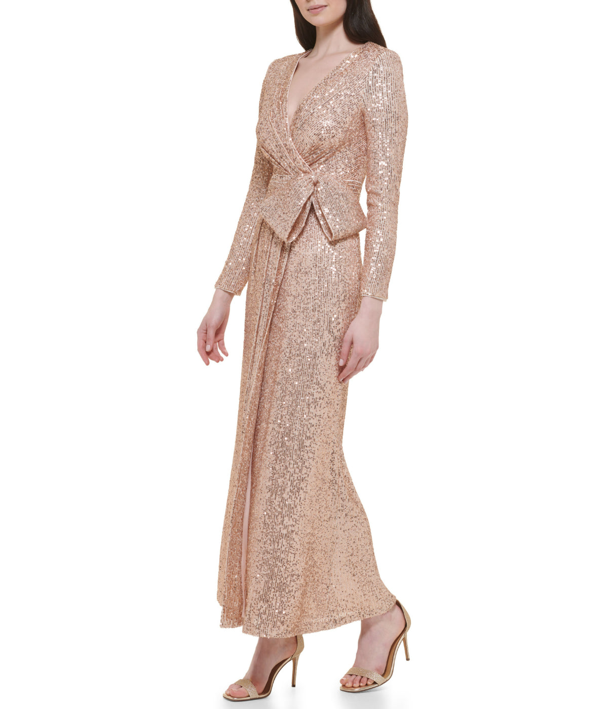 Long Sleeve Surplice Wrap Sequin Gown With Bow Champagne - Image 3