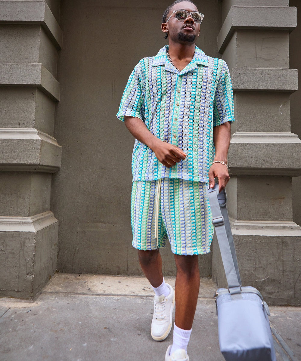 Textured Knit Short Sleeve Button Down Shirt - Light Blue - Image 5