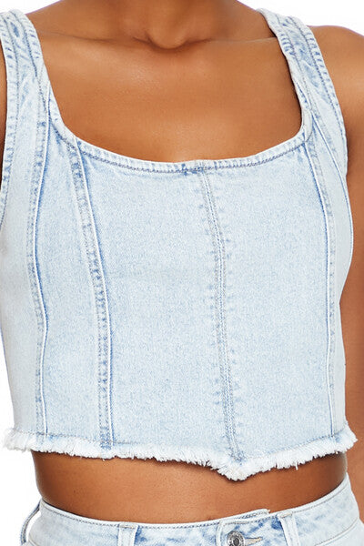 Frayed Denim Bustier Crop Top - Image 3