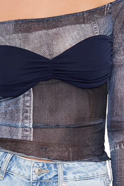 Denim Print Off-the-Shoulder Top - Image 4